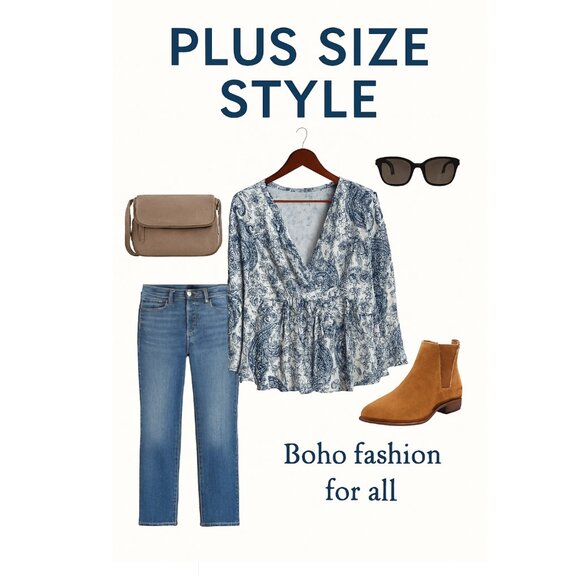 Plus Size V-Neck Banded Waist Layered Promenade Boho Blue Paisley Floral Top - Picture 7 of 8